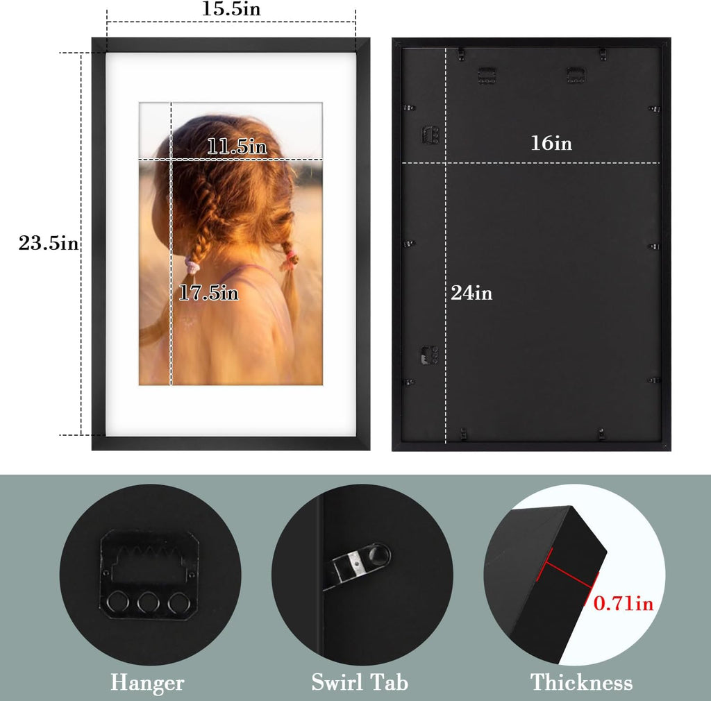 Golden State Art, 16X24 Picture Frame with Mat for 12X18 - High Definition Glass Wall Mounting Horizontal Vertical Display (Black, 1 Pack)