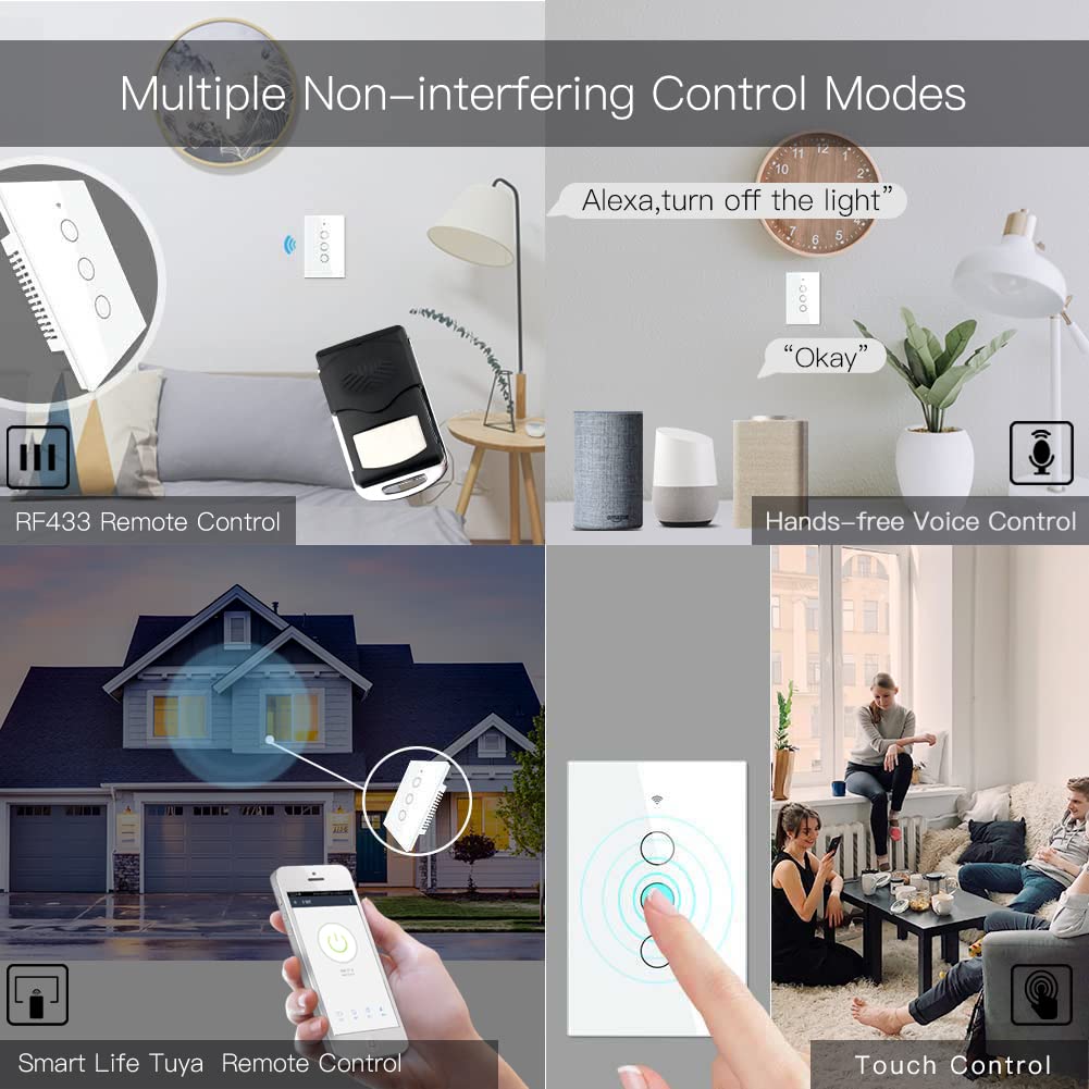 MOES 2.4GHz WiFi Wall Touch Smart Switch Neutral Wire Required, 3 Way Multi-Control, Glass Panel Light Switch Work with Smart Life/Tuya App, RF433 Remote Control, Alexa and Google Home White 3 Gang