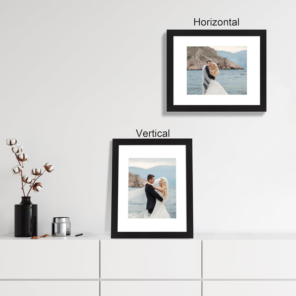 iRahmen 11x14 Picture Frame Set of 4 with Tempered Glass, Black Frame Display 8x10 Picture with Mat or 11 x 14 Without Mat, Rustic Wood Photo Frames for Horizontal or Vertical Wall Mounting