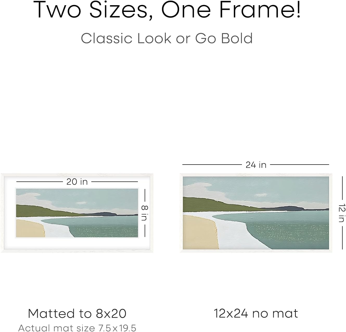 Homeforia 12x24 White Picture Frame, High End Oak 12x24 Wood Poster Frames with Mat 8x20 Photo, 12 x 24 White Wooden Frames Matted to 8 by 20, 24x12 Panoramic Frame, Tempered Glass, Wall Kit, Set of 1