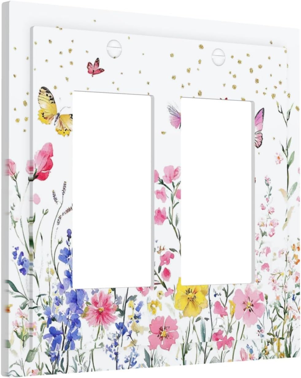 Decorative Outlet Covers Watercolor Floral Butterfly Colorful Wildflower 2 Gang Double Gfci Rocker Electrical Wall Panels Light Switch Cover Plate For Bed Room Living Room Decor