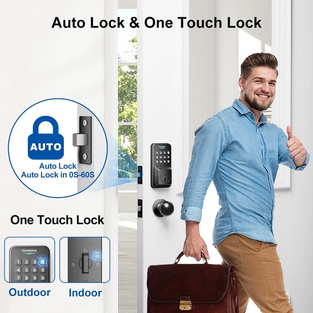 Keyless Entry Door Lock with 2 Door Knobs & Electronic Backlit Keypad, App Control Deadbolt Lock Support One-Touch Locking & Auto Locking,Easy Install, Anti-Peeping Code (01-Black)