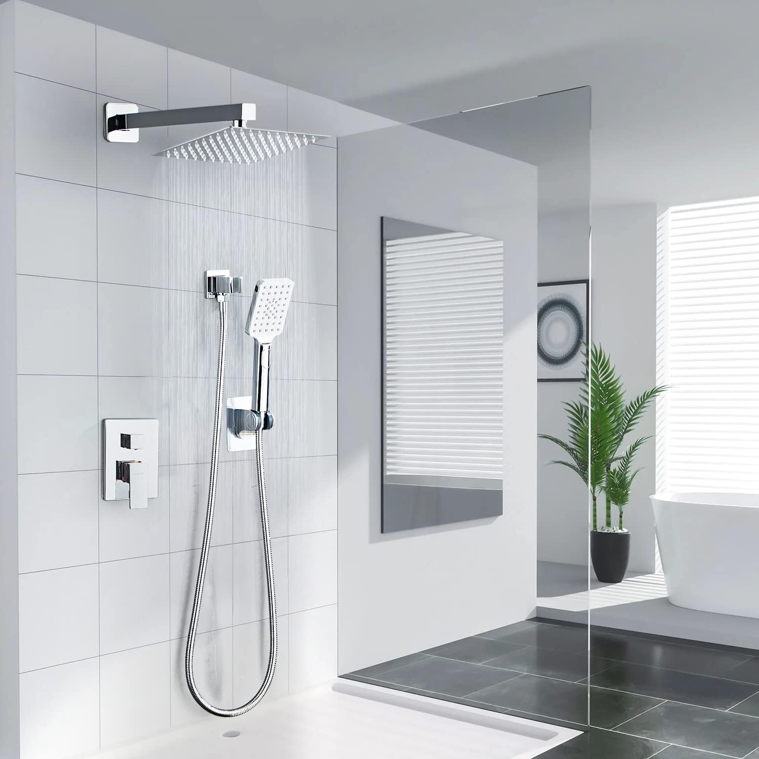 Shower System, Shower Faucet Set Complete Square Rain Shower Combo Set with 8 inch Rainfall Shower Head System Bathroom Wall Mounted 3-Setting Handheld Shower,Chrome