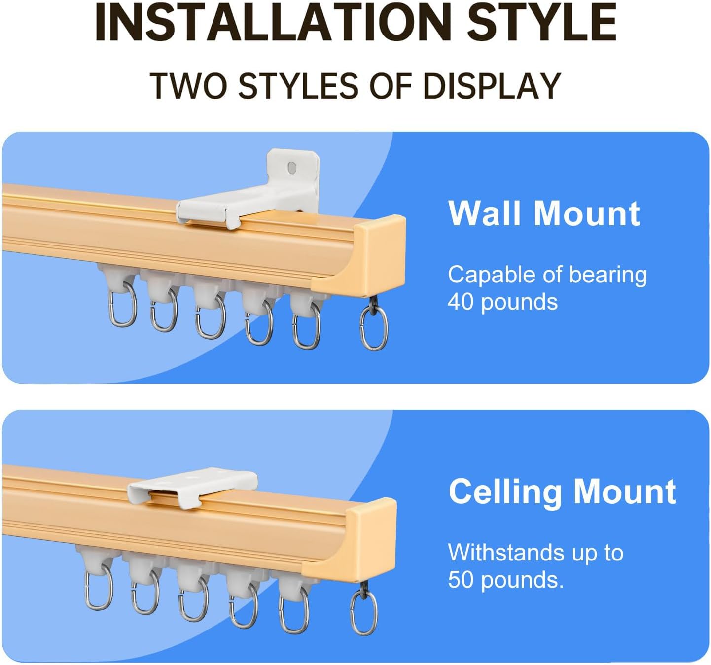 Ceiling Curtain Track Ceiling and Wall Mounted Heavy-Duty Curtains Rails Room Divider Curtains Shower RV Tracks Ceiling Sliding Curtain Rods With Clips,Gold 9ft.