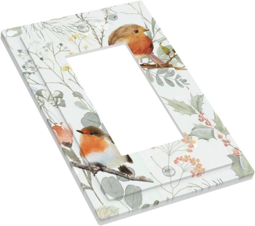 Decorative Outlet Covers Red Floral Berries Colorful Bird Plant 1 Gang Single Rocker Light Switch Cover Plate Wall Plates Gfci Faceplate For Bed Room Living Room Decor