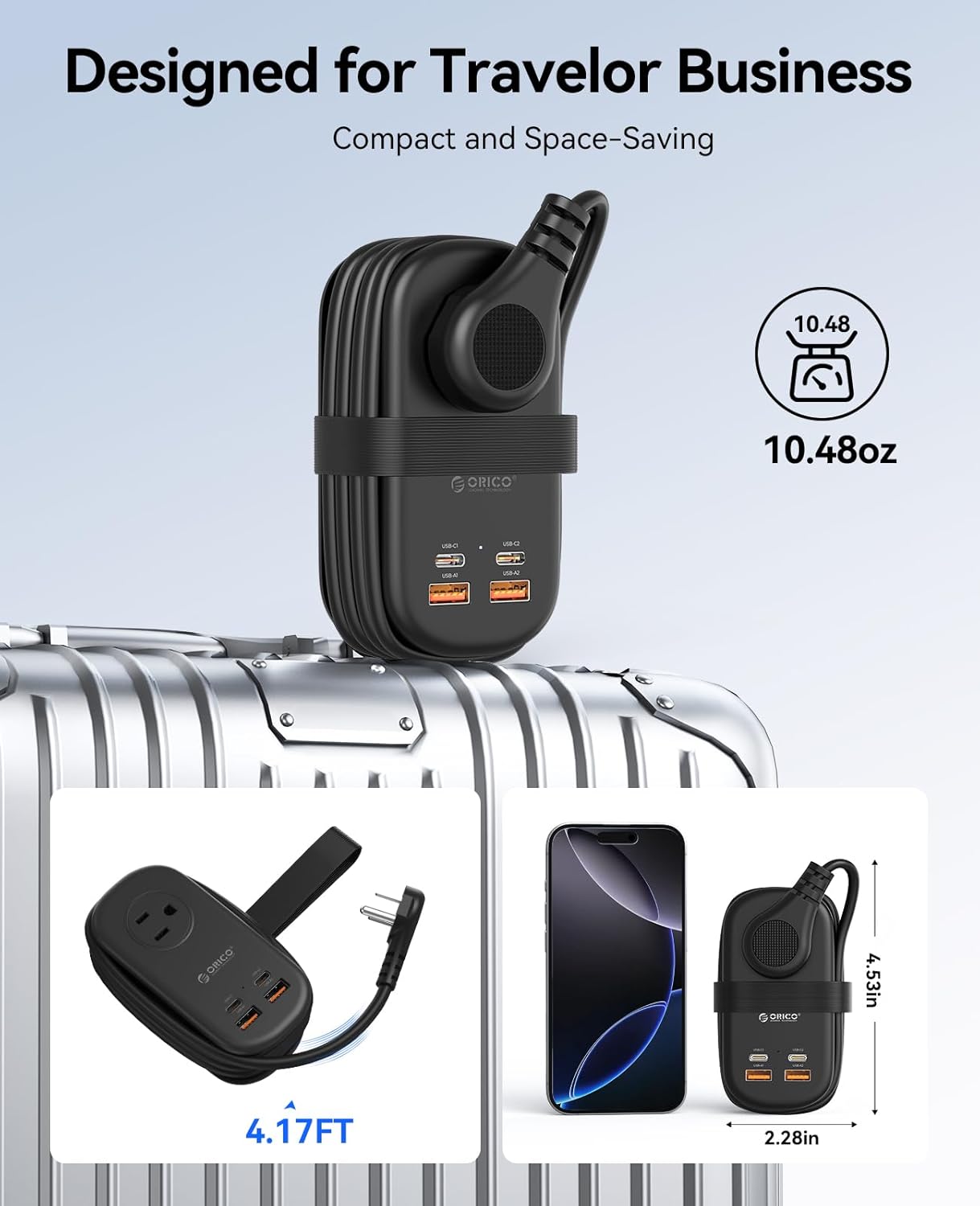ORICO 65W GaN Travel Power Strip with 7-in-1 Charging Ports (3 AC Outlets/2 USB-A/2 USB-C), Flat Plug and 4FT Extension Cord, Fast Charger for MacBook Pro/Air, iPad Pro, iPhone 17/16/15 -AP3