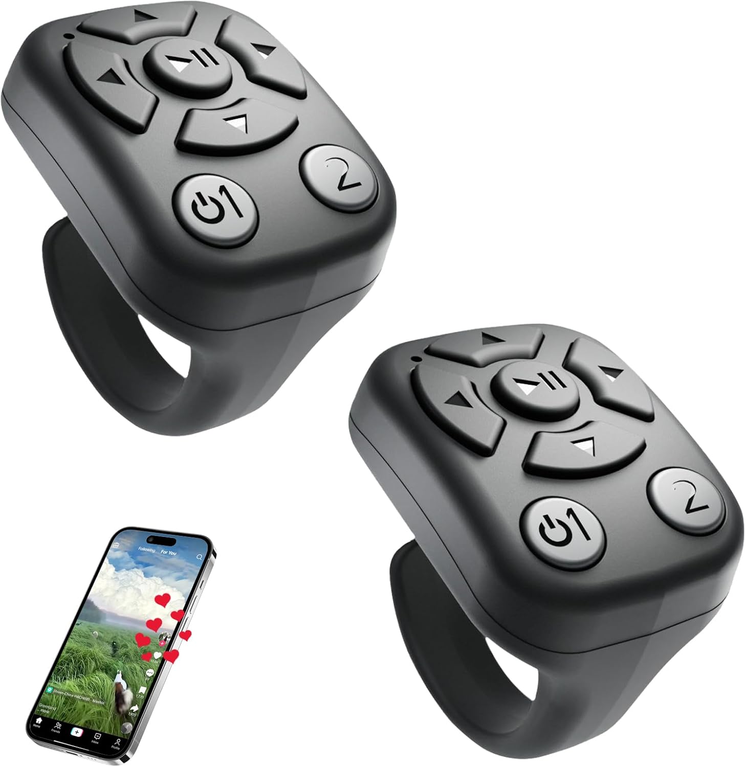TikTok Scrolling Ring - Bluetooth Remote for TikTok Clips & Tunes, iPhone-Compatible Fingertip Wireless Bluetooth Controller, Ideal for iPad, iOS & Android, with Lively Camera Shutter(Black-2Pcs)