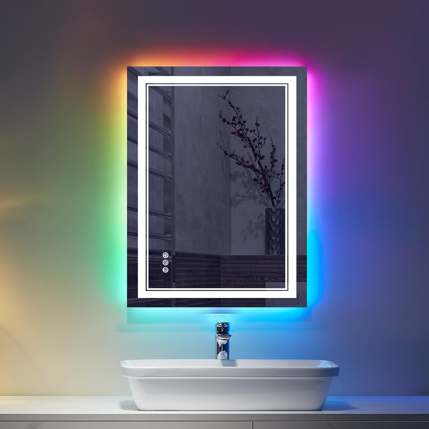 24x32 inch LED Bathroom Mirror RGB Color Changing Backlit Mirror Shatterproof Dimmable Anti-Fog Vanity Mirror with Double Lights (RGB Multicolor Backlit + Adjustable Front-Lighted)
