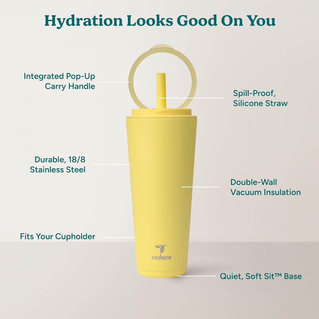 REDUCE Halo 32 oz Stainless Steel Vacuum Insulated Tumbler - Spill Proof Travel Mug with Flip Handle Lid - Keeps Drinks Cold for 32 Hrs - Dishwasher Safe - Cupholder Friendly - Pina Colada