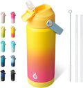 BJPKPK Insulated Water Bottle with Straw Lid, 18oz Thermo Water Bottles with Soft Nozzle, Flex Handle & Non-slip Boot, BPA Free Leak Proof Stainless Steel Metal Thermo, Tumblers, Cups,Rainbow
