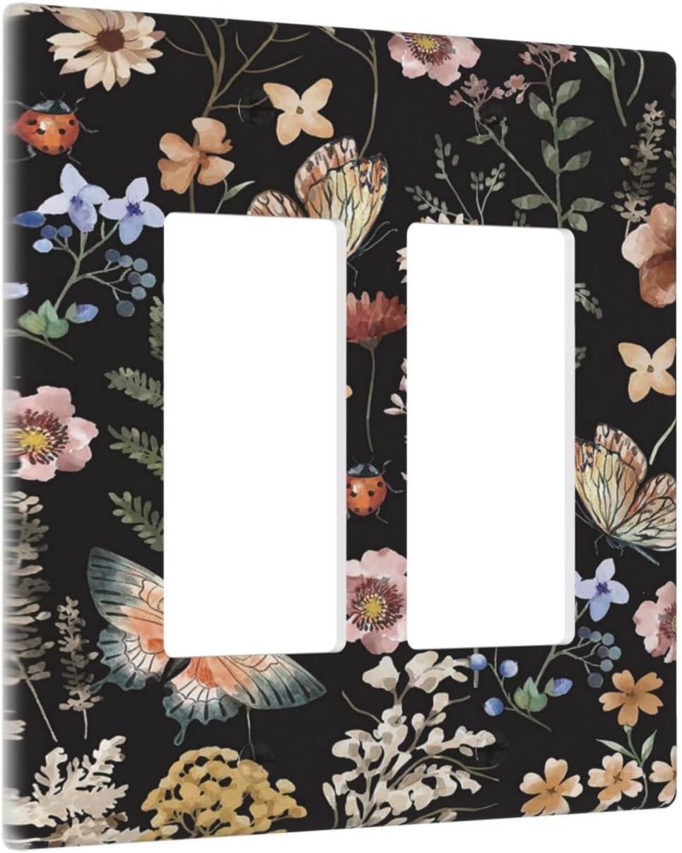 Decorative Outlet Covers Rustic Black Butterfly Flowers Leaves 2 Gang Wall Plate Double Rocker Two Switch Wall Cover Plate Jumbo Dual GFCI Faceplate for Country Bedroom Home Decor