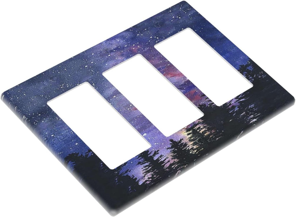 Light Switch Covers Dream Milky Way Starry Forest Pine Watercolor Painting 3 Gang Rocker Electrical GFCI Decorative Triple Outlet Wall Plate Cover Switchplate for Bedroom Home Decor