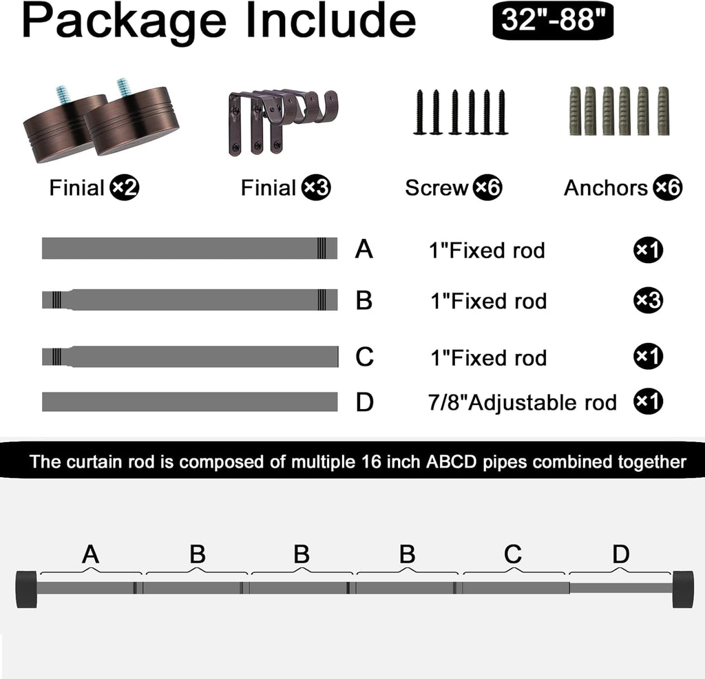 Adjustable Curtain Rods-18 to 88 Inches,1 Inch Modern Metal Drapery Rods, Adjustable Heavy Duty Curtain Pole with Simple End Caps