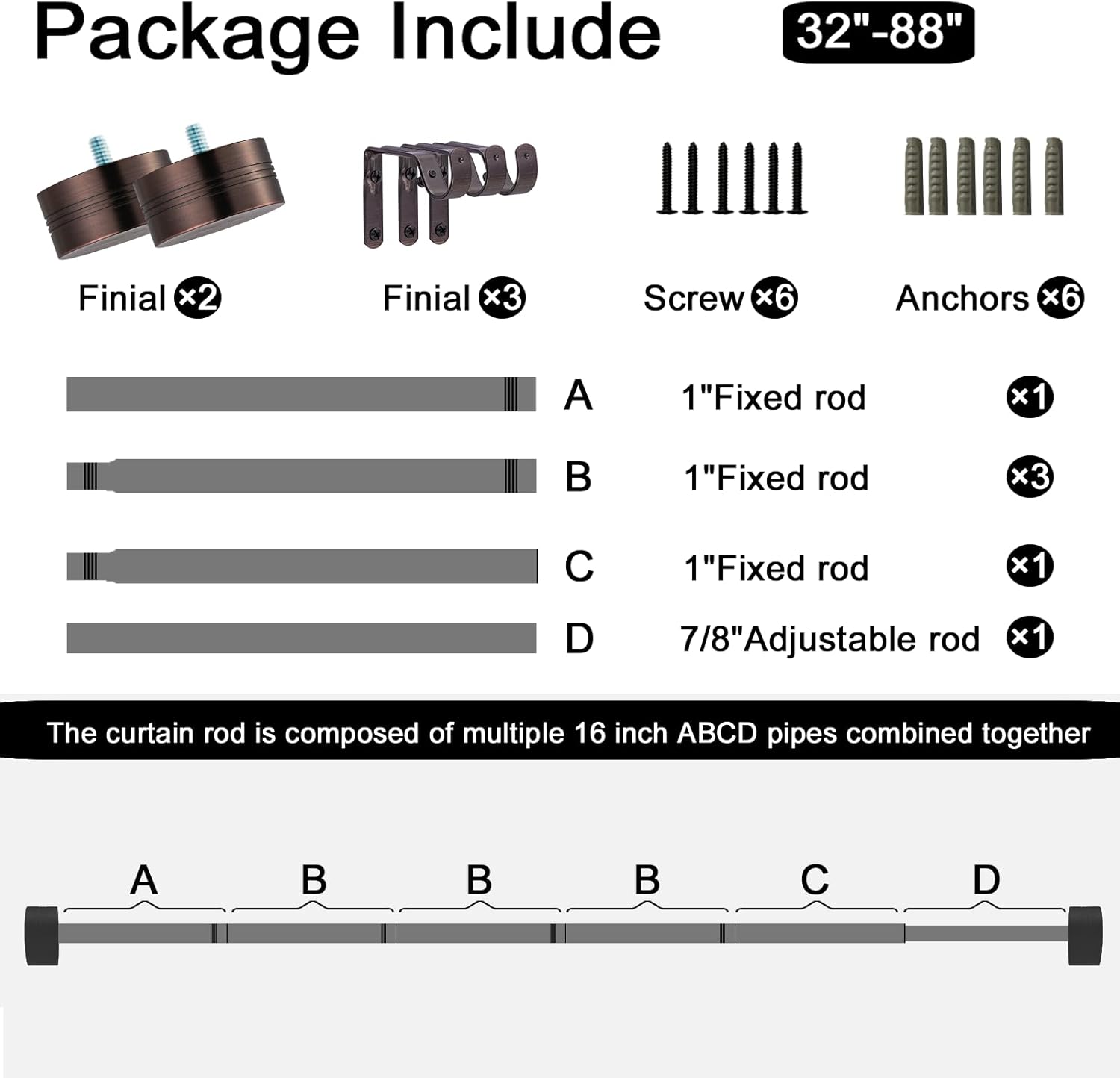 Adjustable Curtain Rods-18 to 88 Inches,1 Inch Modern Metal Drapery Rods, Adjustable Heavy Duty Curtain Pole with Simple End Caps