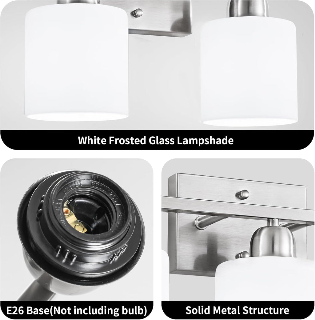 Brushed Nickel Bathroom Light, 2 Light Bathroom Vanity Light Brushed Nickel, Vanity Lamp with Milky White Frosted Glass Shades, E26 Socket