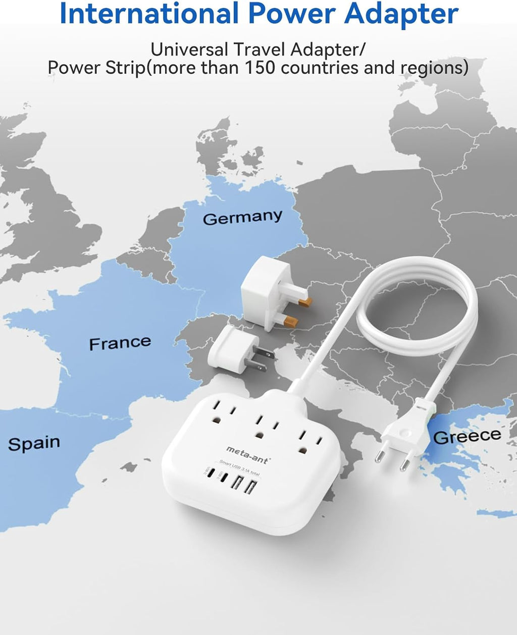 European Travel Plug Adapter, International Power Adapter, US to UK Europe Power Strip for EU/UK/US with 3 AC Outlets & 4 USB(2 USBC), 5ft Extension Cord, Type C for EU UK Europe Germany France, White