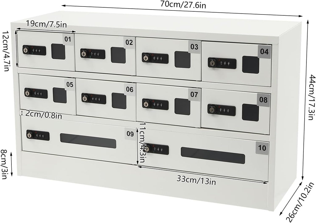 10 Slots Cell Mobile Phone Steel Locker with Combination Lock, Cellphone Charging Station with 3 in 1 Charging Ports for Most Phones, Cellphone Locker for Schools, Conference Rooms, and Offices