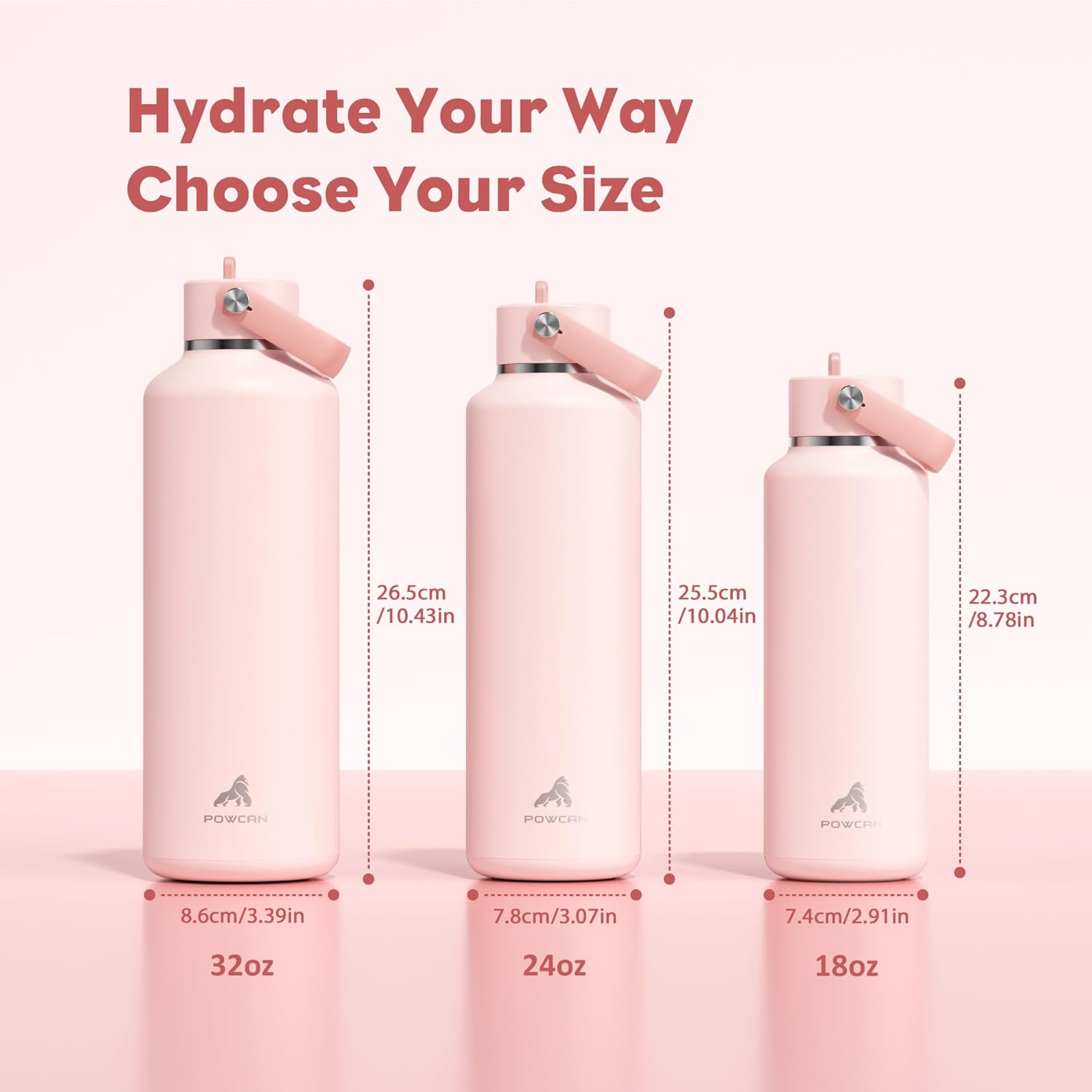 POWCAN 32 oz Insulated Water Bottle: Leakproof, Lid with Flip Straw, Cold for 24H, BPA-Free, Metal Water Bottle with Handle for Travel, Gym, Fitness, Hiking, Birthday Gift for Women (Cotton Candy)