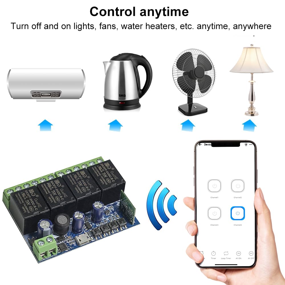 Ewelink WiFi Wireless Smart Relay Module USB 5v 4 Channel Inching Self-Lock Latched Dry Contact Remote Toggle Switch for Access Control, Garage Door,Home Automation, Compatible with Alexa Google Home