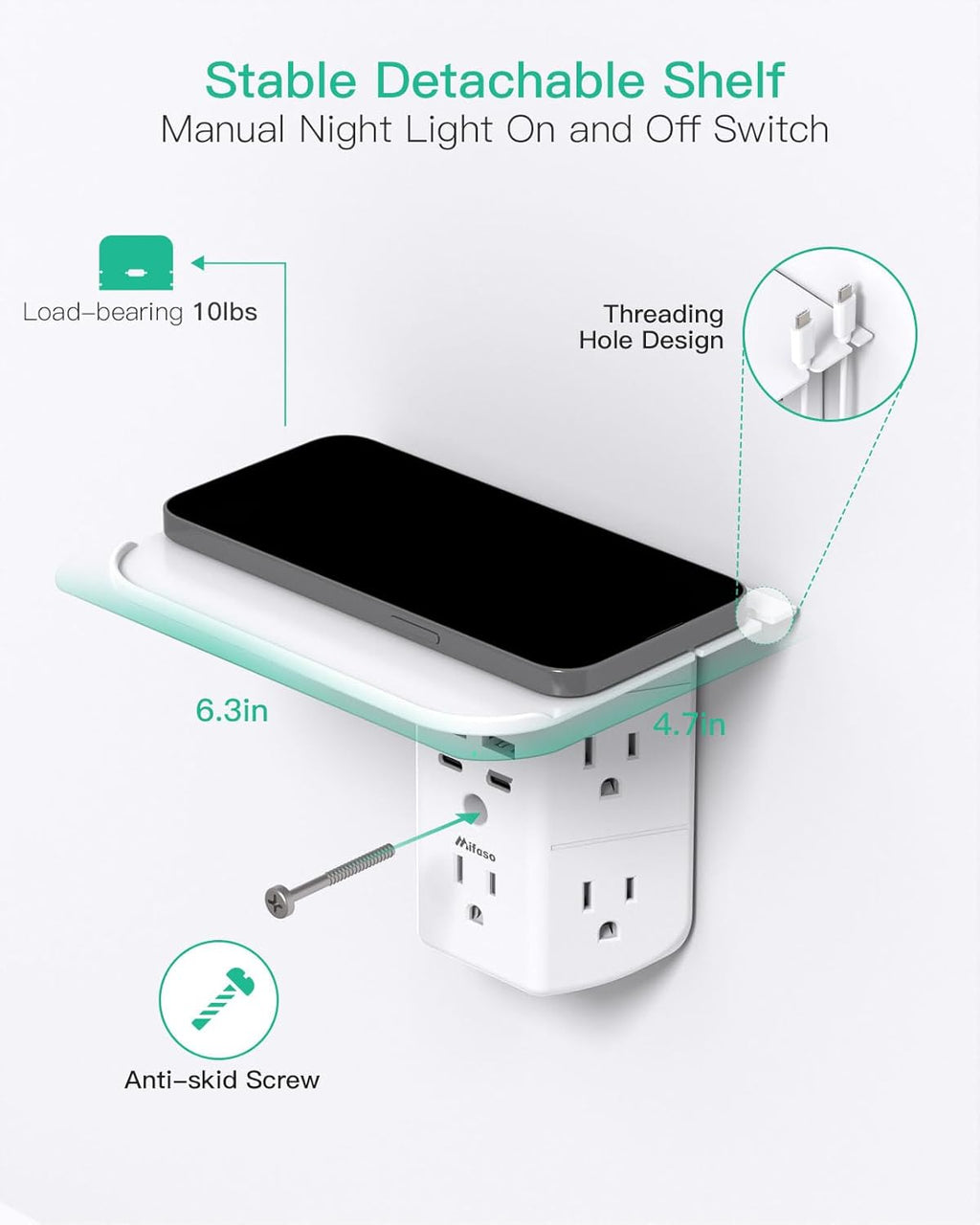 PD20W Wall Outlet Extender, Outlet Splitter with Shelf and Night Light, USB Wall Charger with 5 AC Outlets and 2 USB A Ports 2 USB C Ports Wide Space 3-Sided Power Strip Multi Plug Outlets
