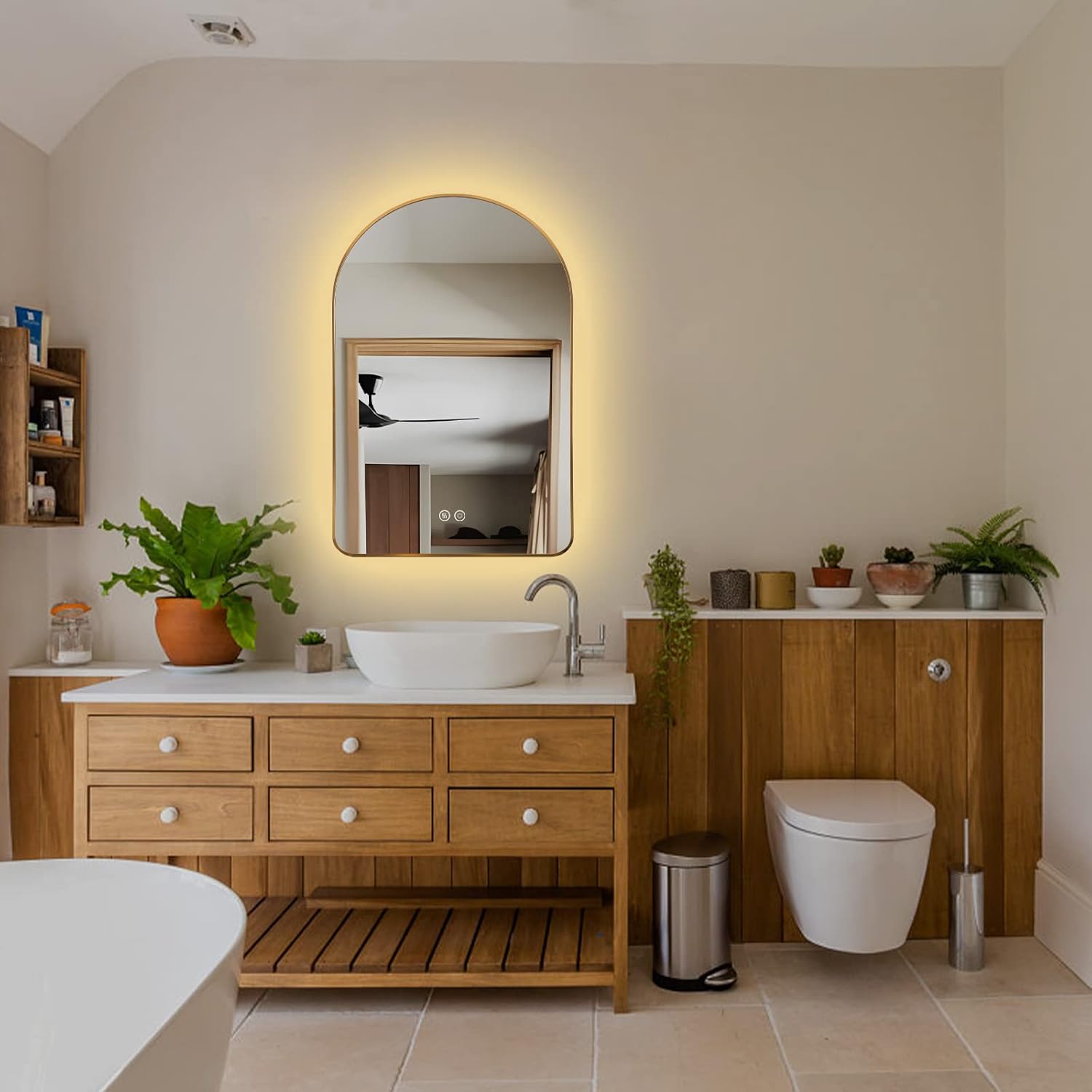 Niccy Arched LED Lighted Bathroom Mirror, 36x24 Inch Backlit Vanity Bathroom Mirror with Lights Brushed Gold Framed Wall Mounted Mirrors with 3 Color Shatterproof Arch Smart Fog Free Mirror