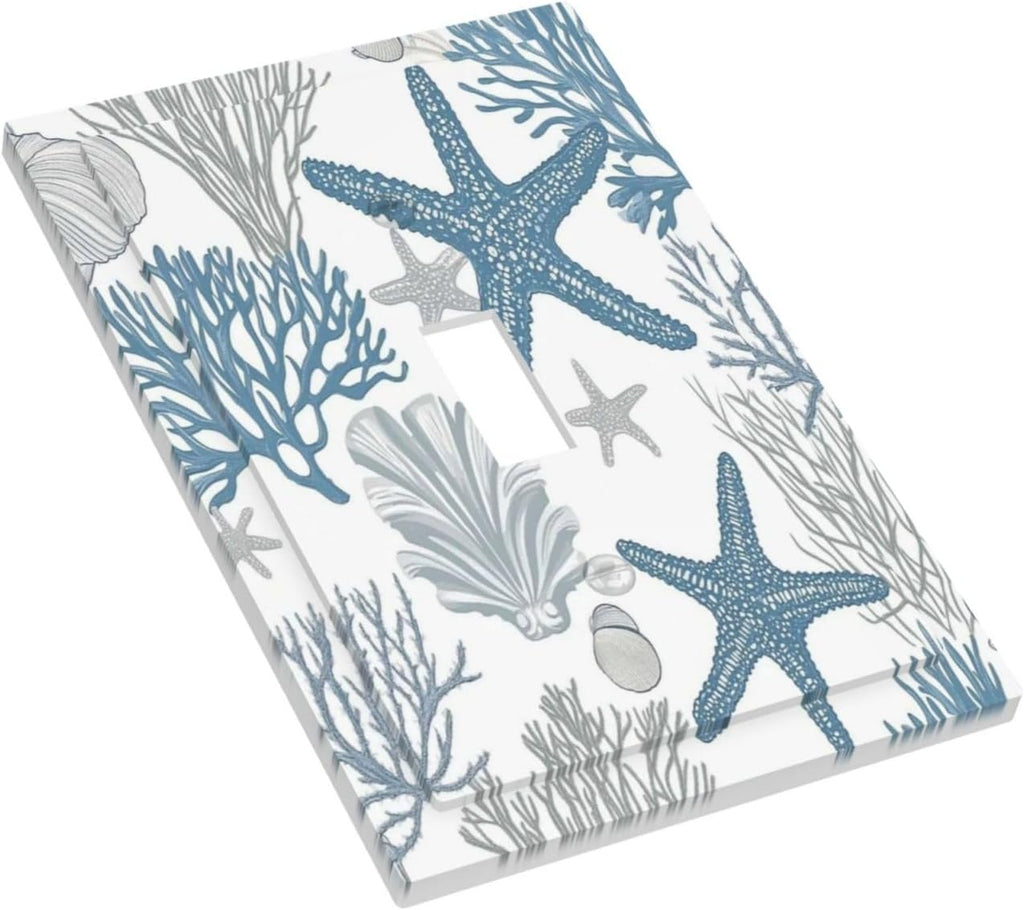 Blue Starfish Nautical Beach Conch Coastal Coral Shell Decorative Light Switch Cover 1 Gang Single Toggle Device Electrical Faceplate Switchplates Decorator Outlet Wall Plate For Kids Room Bathroom