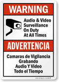 SmartSign 14 x 10 inch “Warning - Audio & Video Surveillance On Duty At All Times” Bilingual Sign, Digitally Printed, 55 mil HDPE Plastic, Red, Black and White, Made in USA