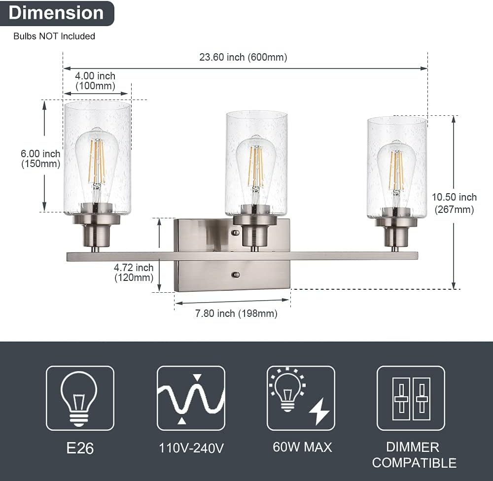 Bathroom Light Fixtures 3-Lights Seeded Glass in Brushed Nickel Finish, 23.6-Inches Vanity Lighting Bath Wall Mount Lamp for Kitchen Living Room Workshop