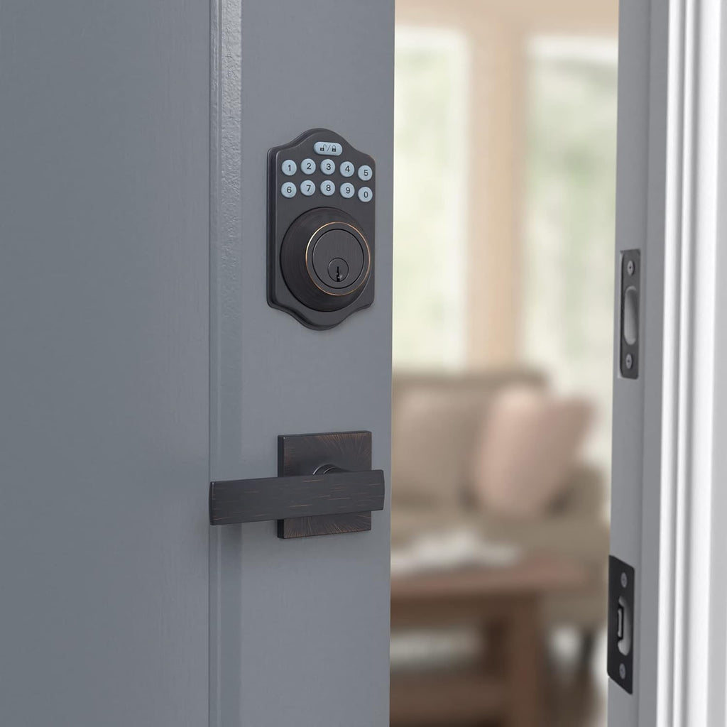 Amazon Basics Traditional Electronic Keypad,Keyless Entry Door Lock Deadbolt with Handle Set, Key Pad Front Door with Knob, Traditional Door Locks for Front Door Handle, Oil Rubbed Bronze, 1-Pack