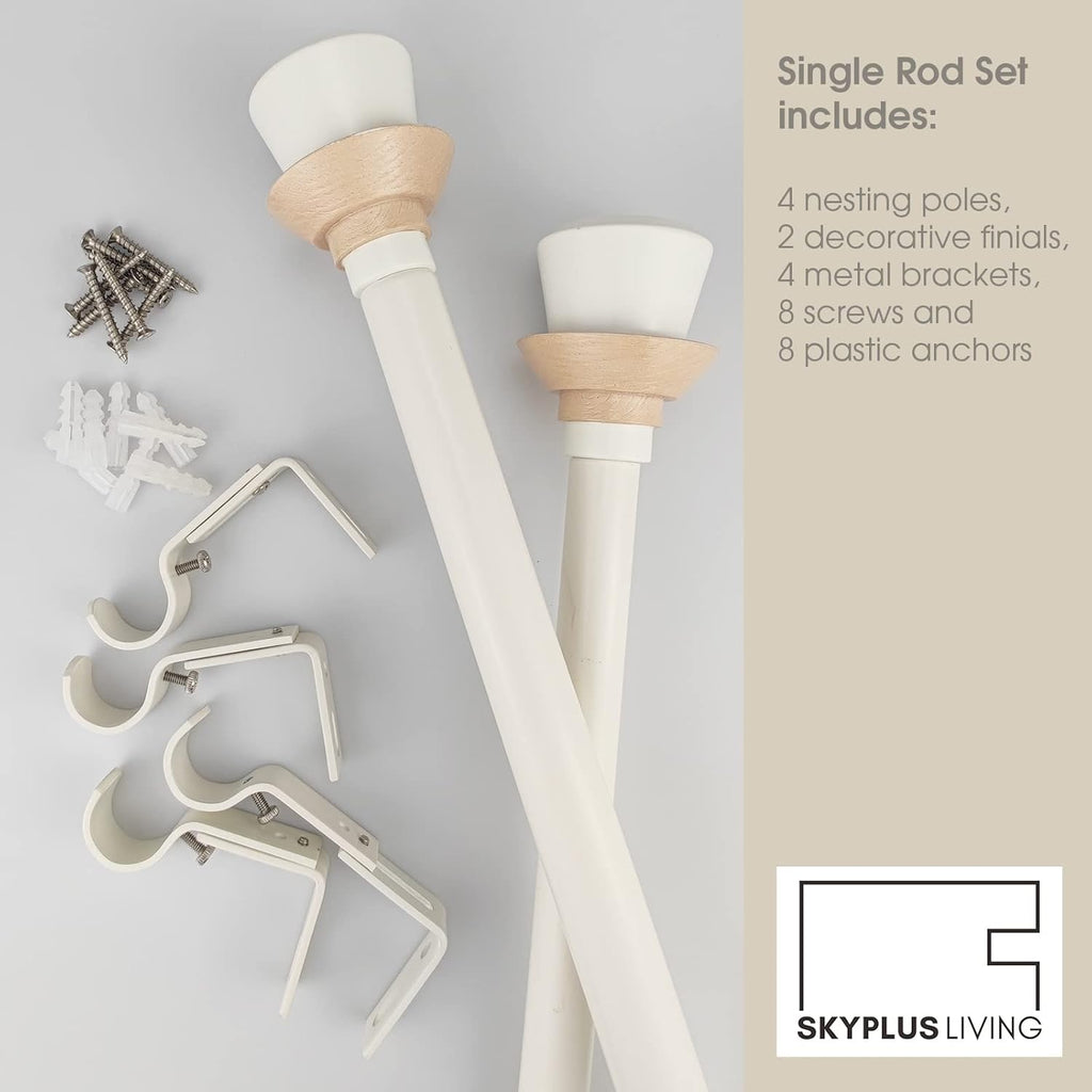 White Single Curtain Rod Set with Decorative Finials, 72-144 inch, Single Drapery Rod, 1 inch diameter, Adjustable Length,1 pack
