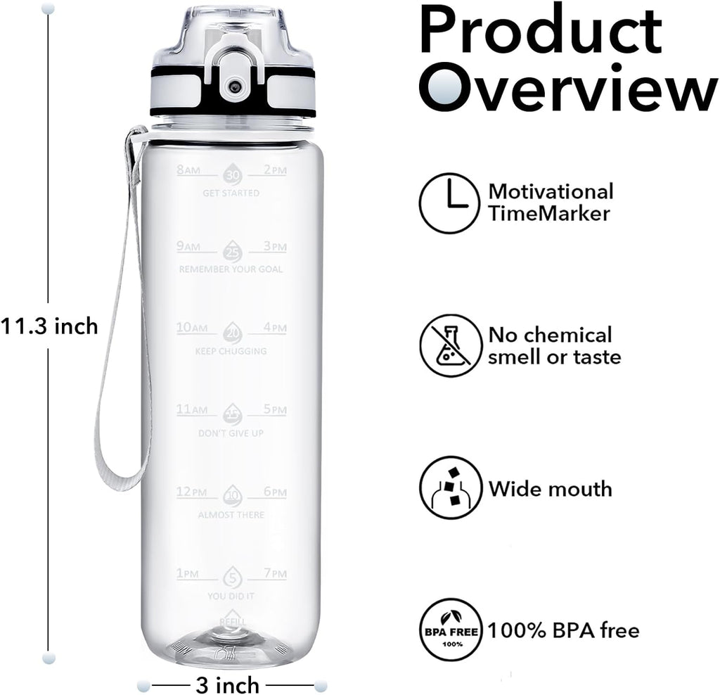 32oz Water Bottle with Time Marker, Motivational Drinking Bottle with Strap, BPA-Free Leak-Proof, Encouraging Water Bottle Time to Drink Water for Gym School Office Travel