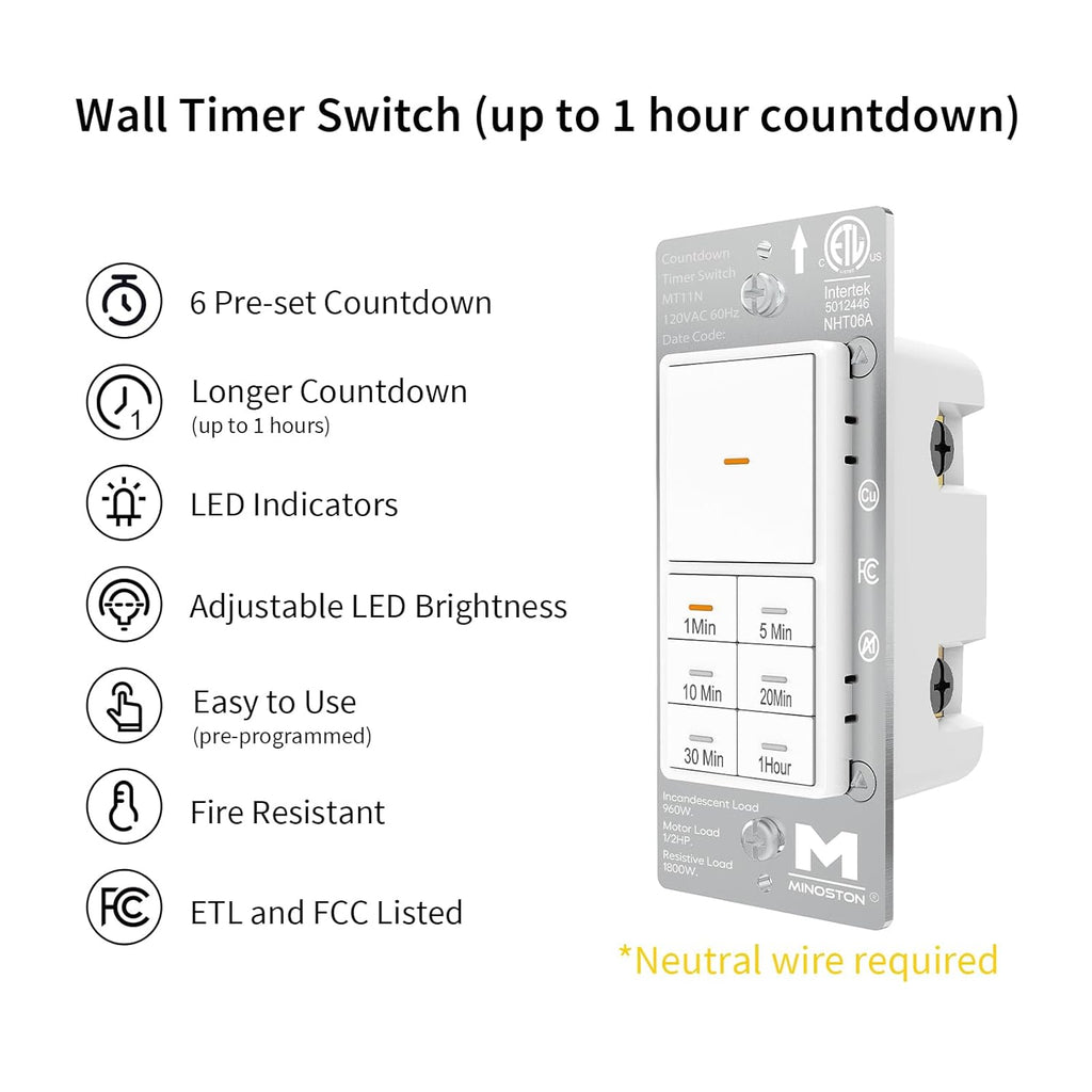 Minoston Countdown Timer Switch, 1-60 Min, Bathroom Fan Timer Switch, Adjustable LED Brightness, 120VAC Neutral Wire Req, ETL and FCC Listed, White (MT11N)