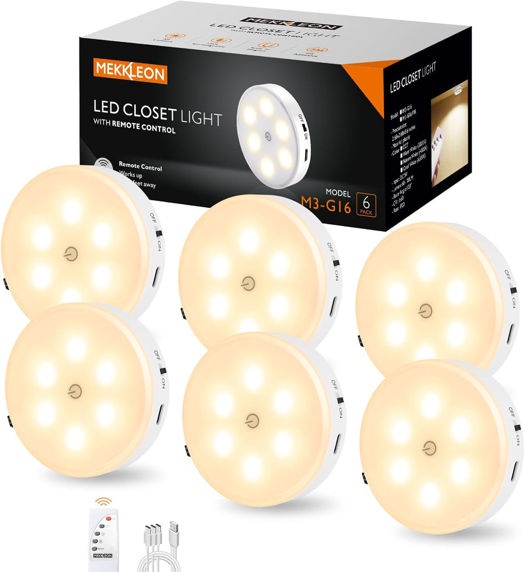 Puck Lights with Remote Control,1000mAh rechargeable under cabinet lighting,LED Closet Lights,3Pack Tap Light,Cordless Stick On Lights for Under Cabinet,Hallway, Stairway,Closet (Warm White-6PCS)