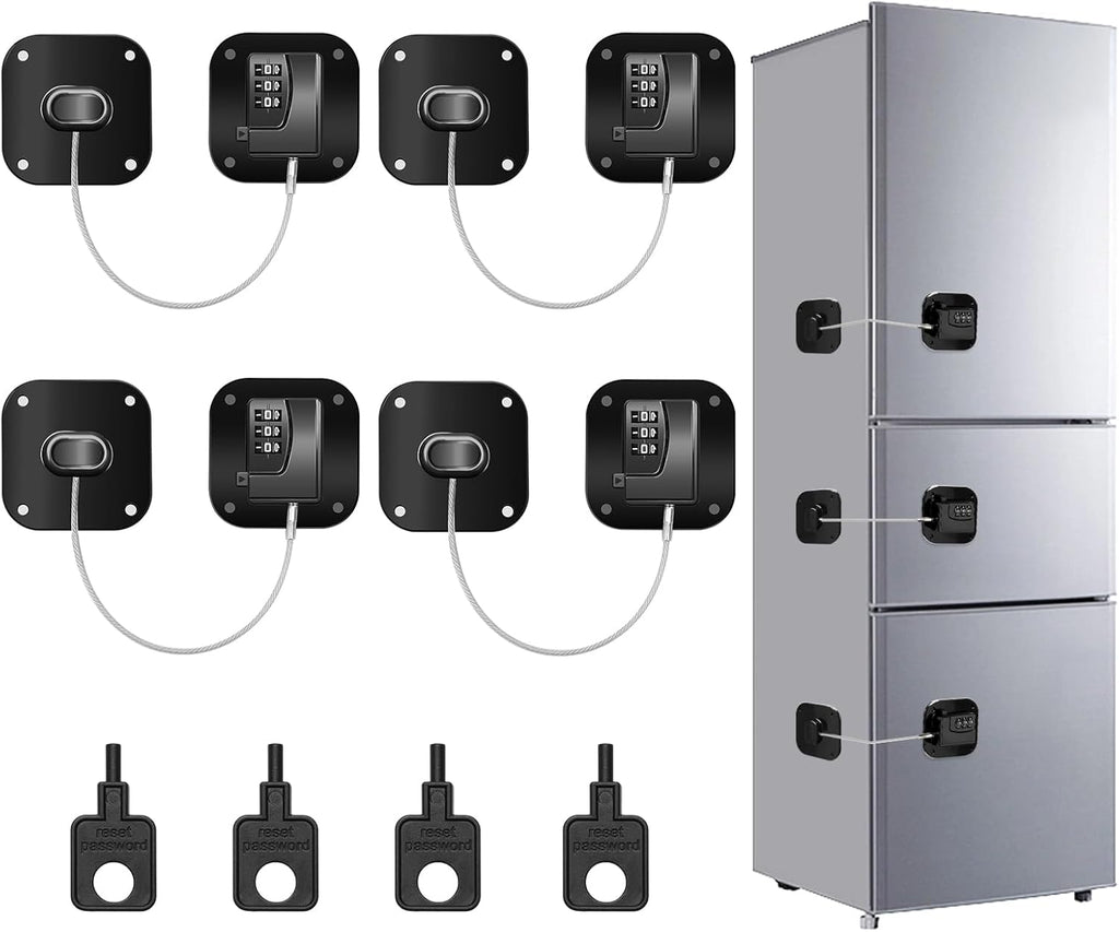 4PCS Fridge Lock Combination, Self-Adhesive Refrigerator Locks Freezer Door for Adults with Password (Black) (Square)