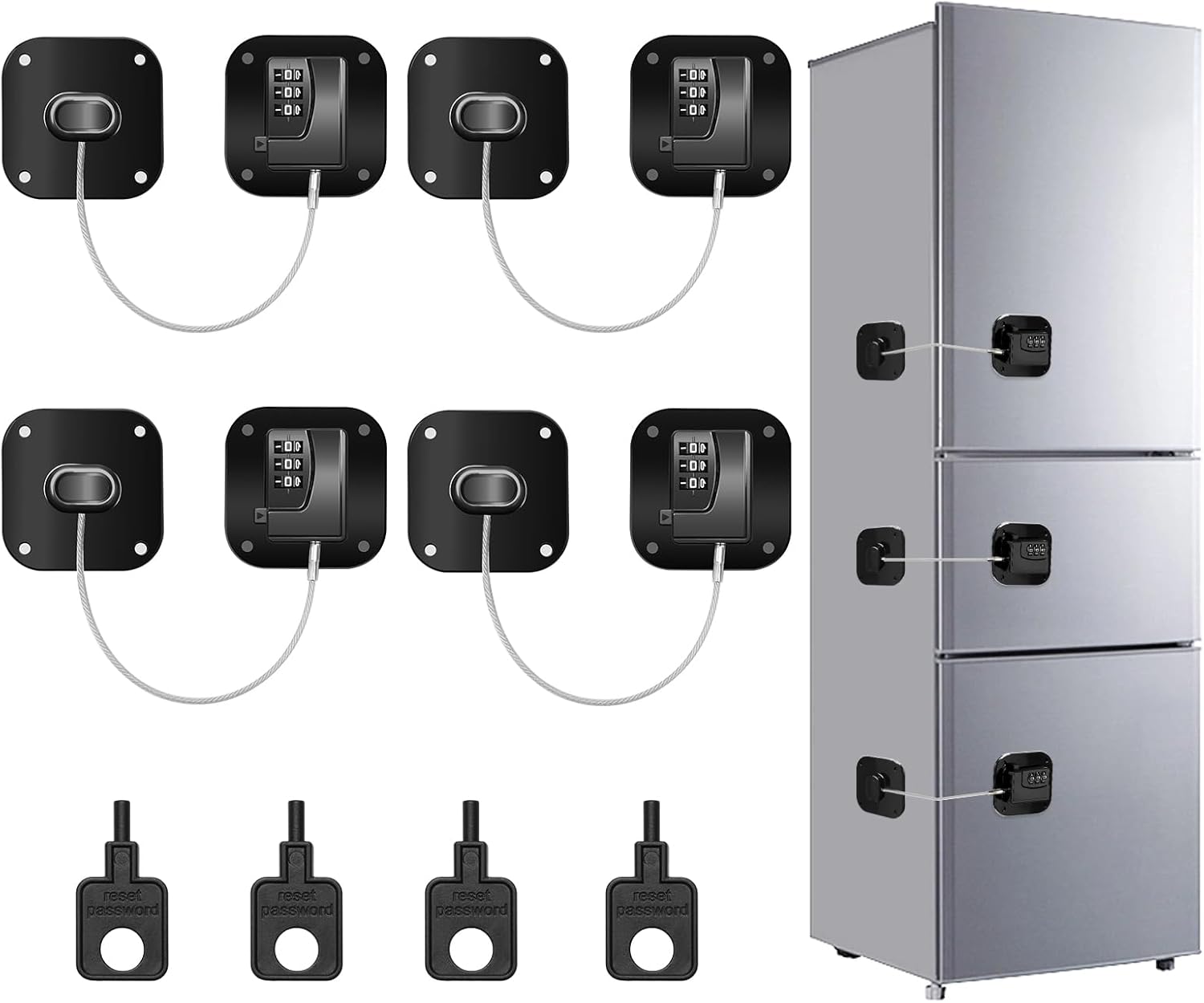 4PCS Fridge Lock Combination, Self-Adhesive Refrigerator Locks Freezer Door for Adults with Password (Black) (Square)