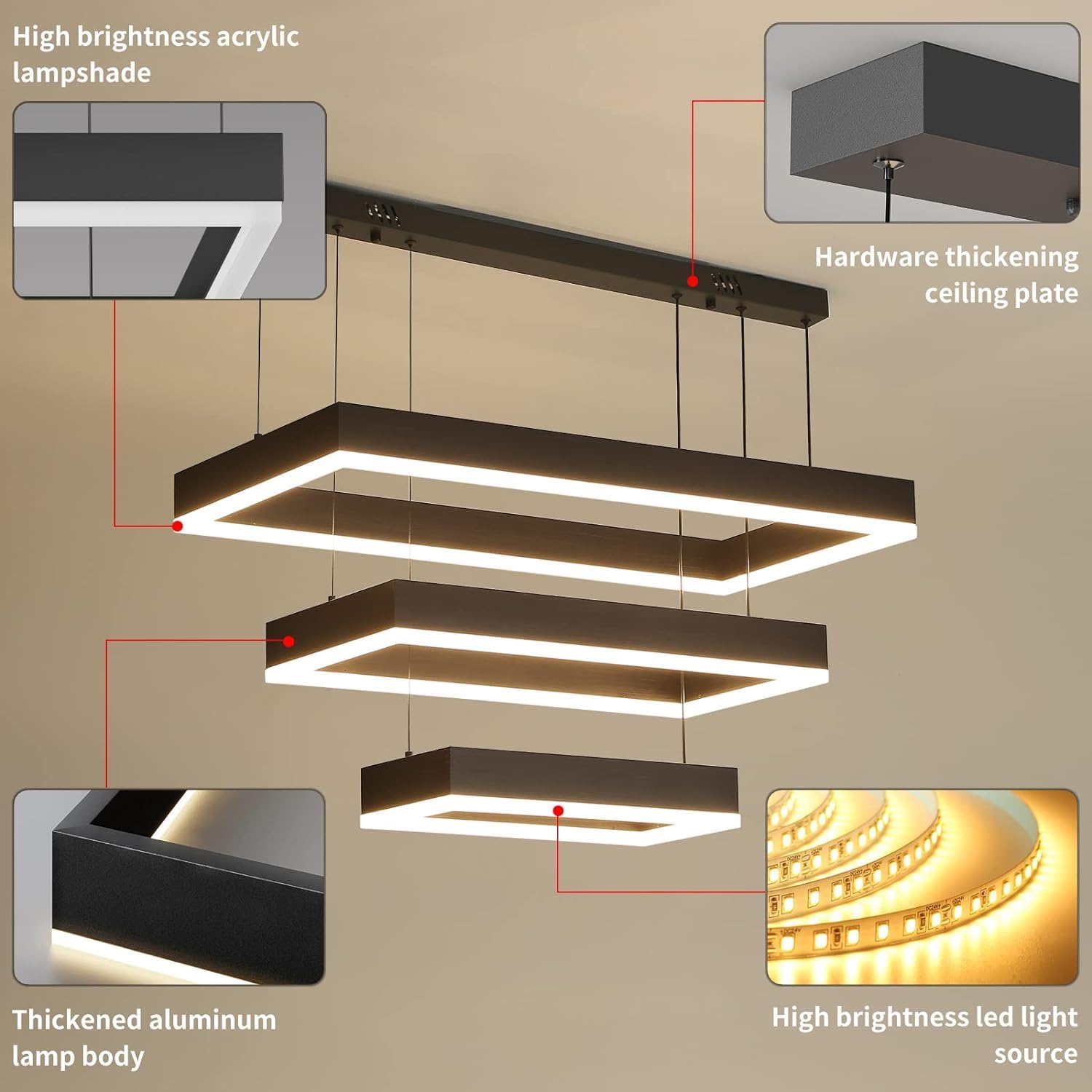 Modern Chandeliers for Living Dining Room, 3-Ring Rectangular LED Chandelier Light Fixture with Remote Control Dimming, Hanging Pendant Light with Adjustable Height, Black