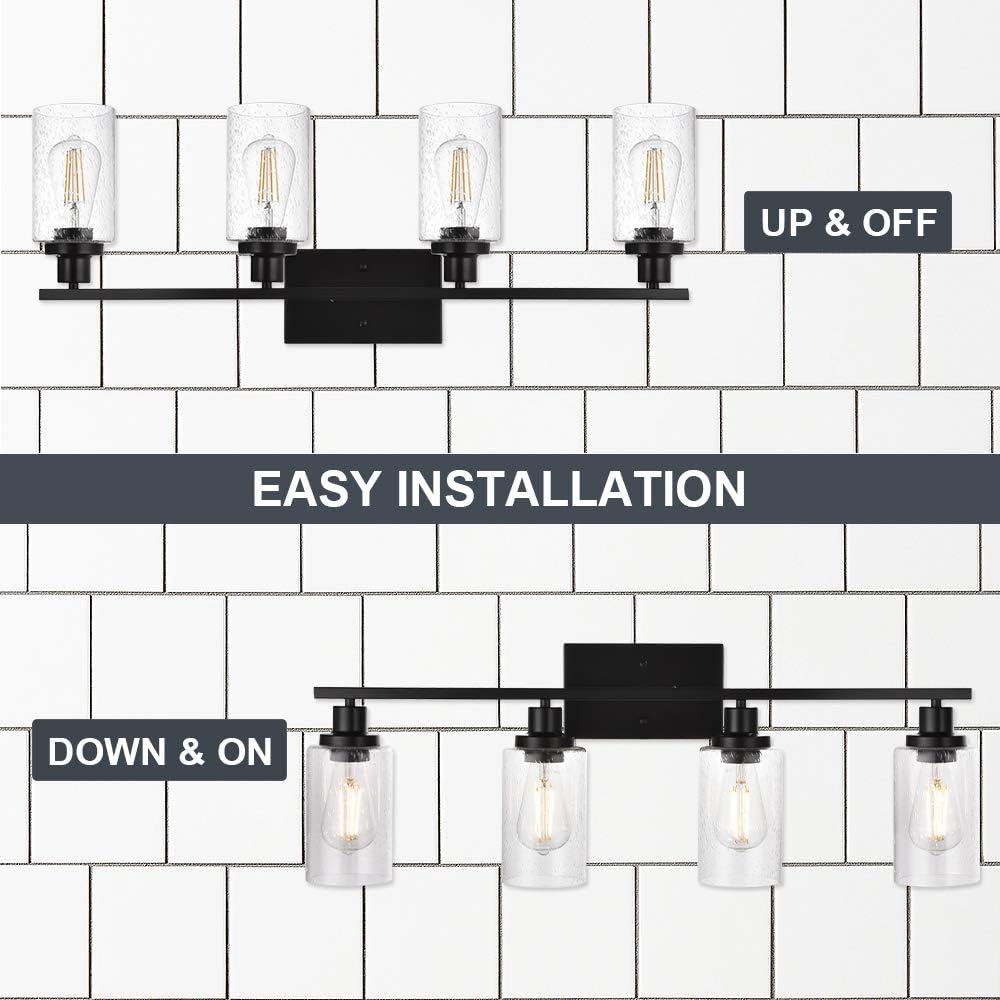 Black 4-Light Bathroom Light Fixtures with Seeded Glass Shade, 31-Inches Length Farmhouse Vanity Lights Over Mirror for Cabinet Kitchen Bedroom