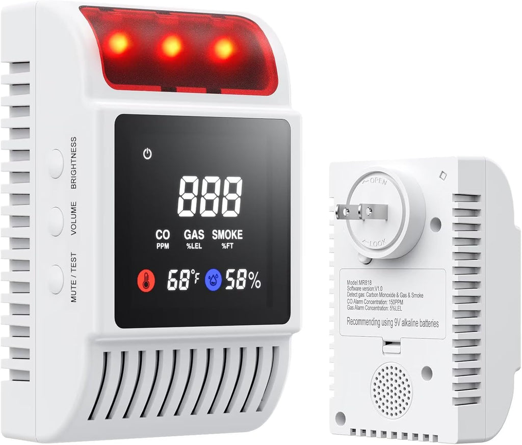 6-in-1 Smoke and Carbon Monoxide Detectors Plug in, Gas Leak Detector with Battery Backup Slot, Adjustable Brightness & Volume Levels, Smoke Alarm with Temp/Humidity for Home, RV, Travel(MR818,1-Pack)
