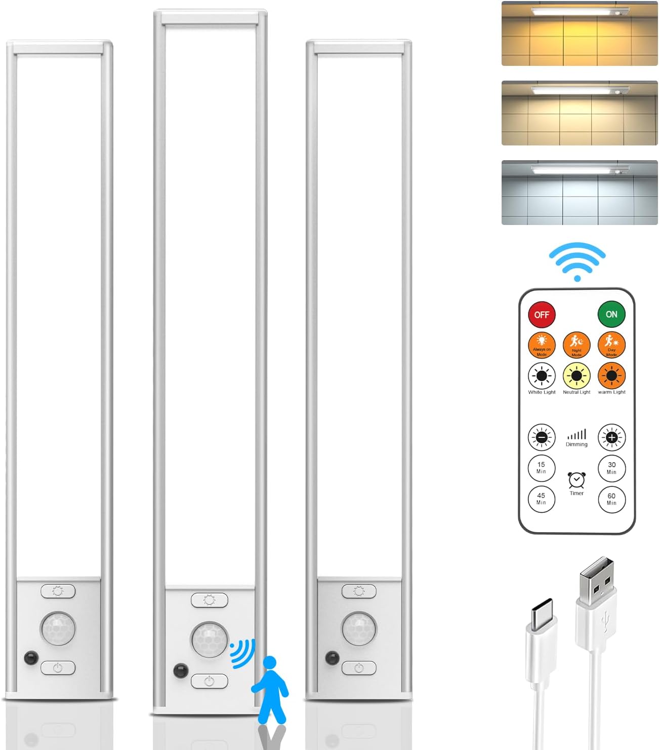 Under Cabinet Lights Wireless,Motion Sensor Light Indoor Closet Lights with Remote Control,3 Color Temps,LED Rechargeable Battery Operated,Under Counter Lights for Kitchen,Wardrobe,Pantry,Bedroom
