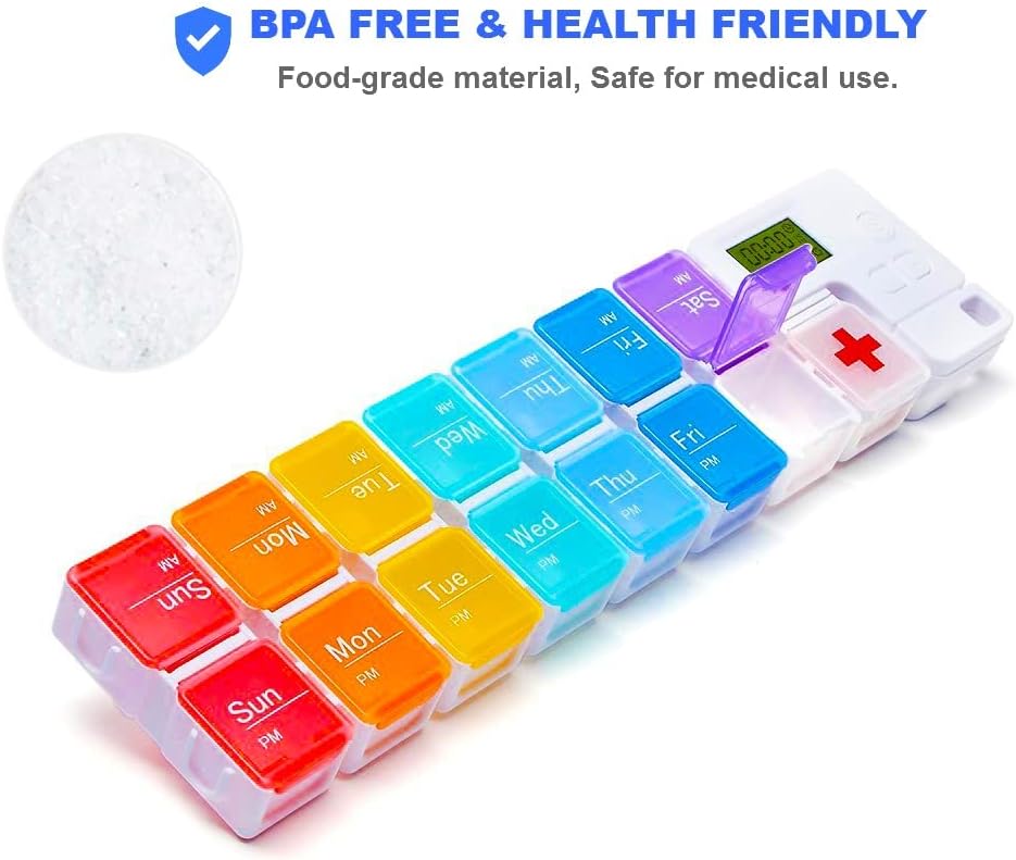 7 Day Medicine Pill Organizer, 4 Reminder Alarms, Loud Sound, 14 Large Compartments, Large Screen, Moisture-Proof, Travel Weekly/Daily Pill Box/Organizer/Case/Container/Dispenser, AM/PM 2 Times a Day