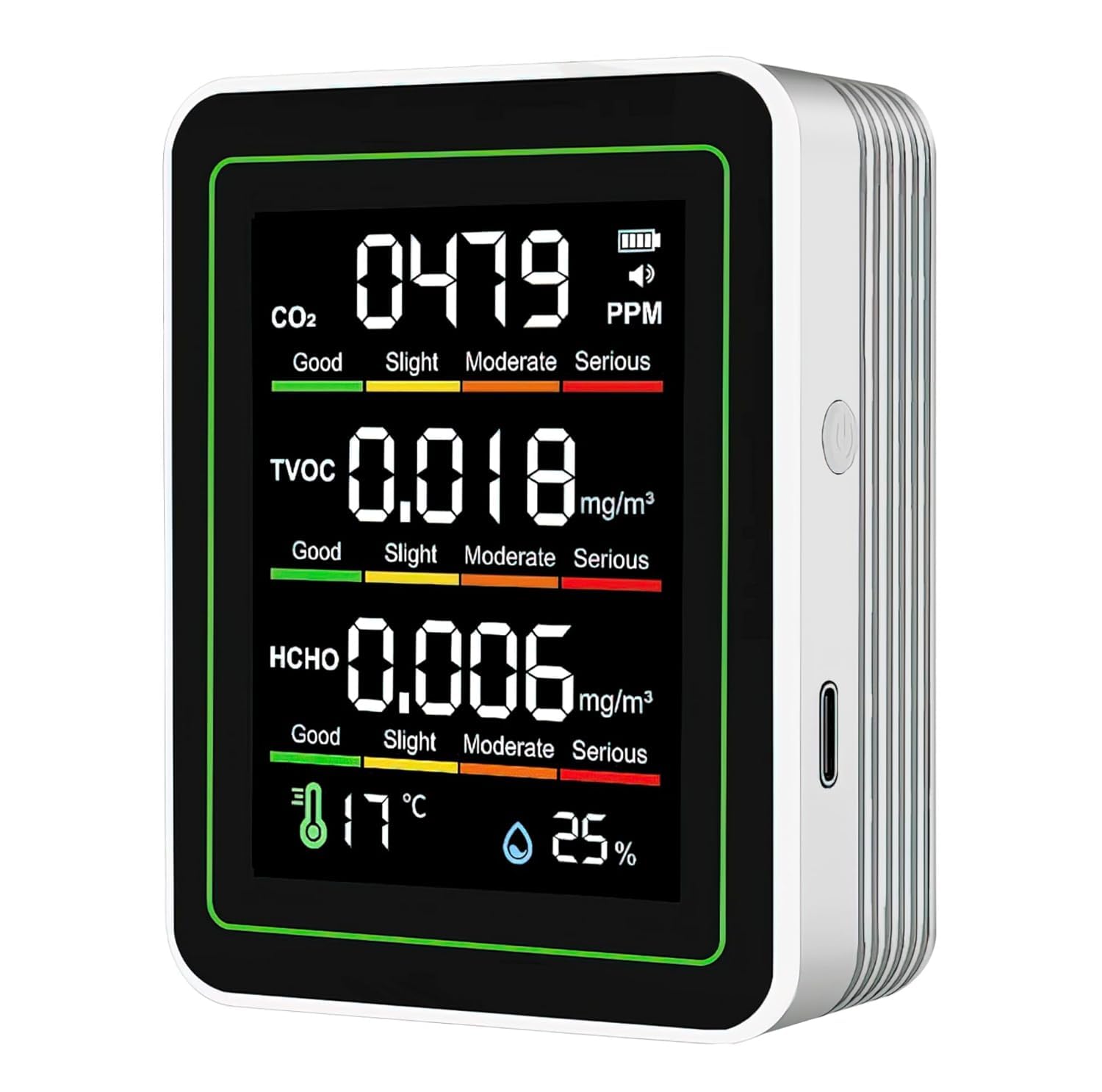 Indoor Air Quality Monitor, 5 in 1 Portable Smartair Quality Tester for CO2 | TVOC | HCHO | Temp | Hum for Home Cars Plants and Pets So On