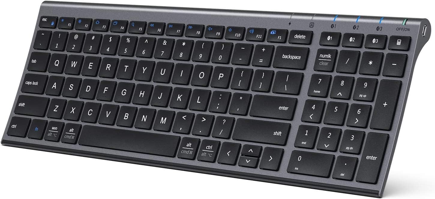 iClever BK10 Bluetooth Keyboard, Wireless Rechargeable Ultra-Slim Keyboard with Long Battery Life, Compatible with iOS, Android, Windows, Mac for iPad, Tablet, Laptop, PC, Phone (Gray Black)
