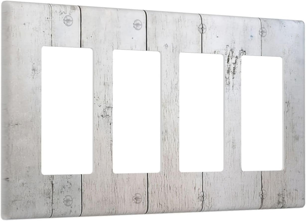 Rustic White Grey Wood Grain Wallplates 4 Gang Quad Rocker Decorative Light Switch Covers Electrical GFCI Faceplate Switch Plate for Bedroom Bathroom Decor