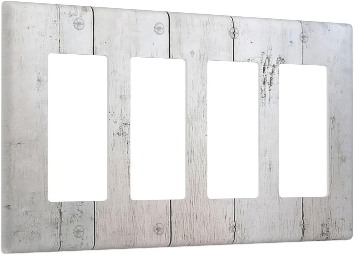 Rustic White Grey Wood Grain Wallplates 4 Gang Quad Rocker Decorative Light Switch Covers Electrical GFCI Faceplate Switch Plate for Bedroom Bathroom Decor