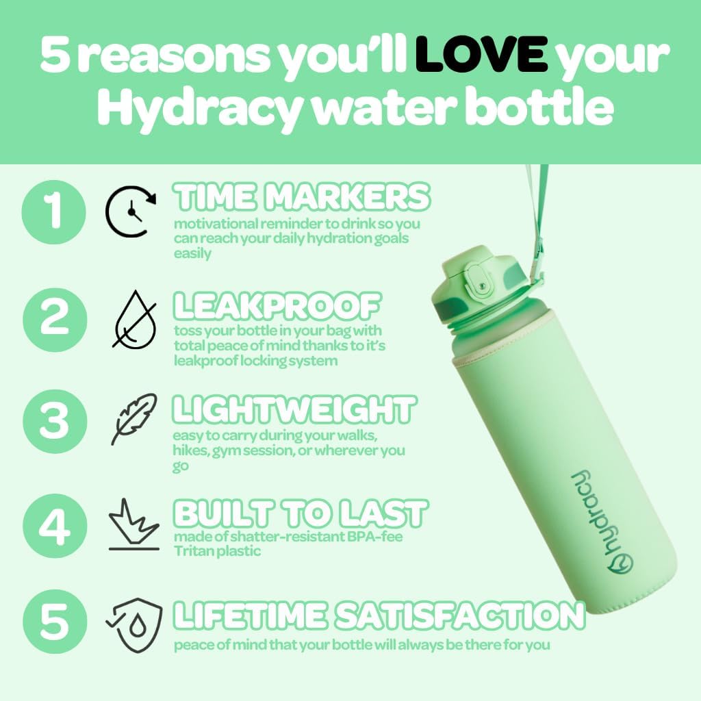 Hydracy Water Bottle with Time Marker -Large BPA Free Water Bottle & No Sweat Sleeve -Leak Proof Gym Bottle with Fruit Infuser Strainer & Times to Drink -Ideal for Fitness Sports & Outdoors