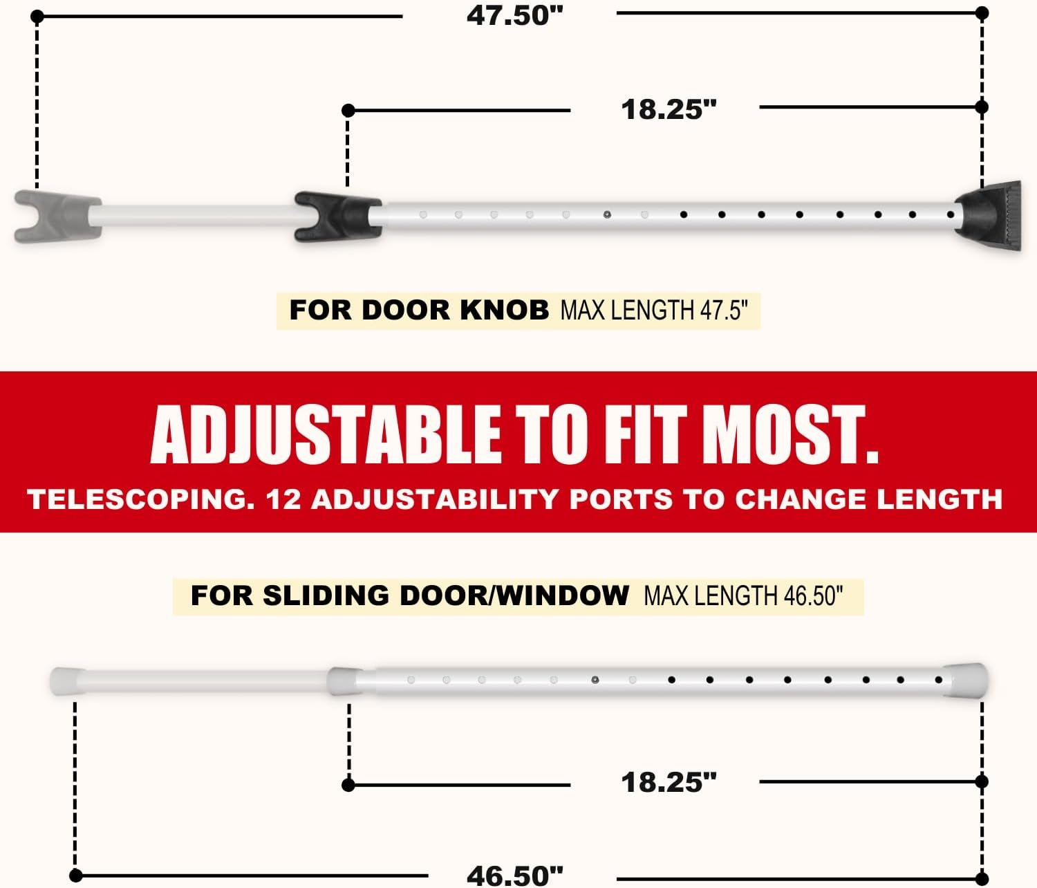 Securityman Door Security Bar with Alarm (Detachable) - 120dB Siren Door Stopper Alarm - Adjustable Jammer & Patio Bar - Strong, Withstands 400lbs - Home Protection