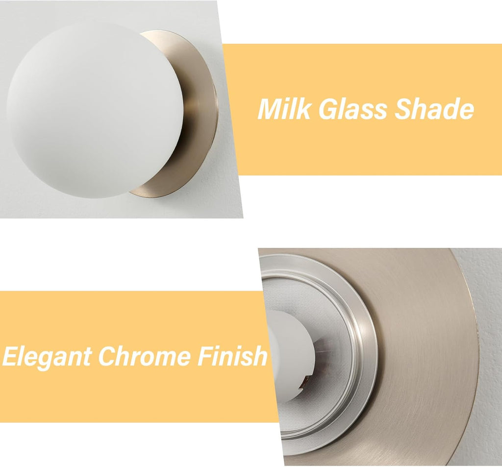 Modern Glass Globe Wall Sconce: Brushed Nickel Single Light with Milk Glass Shade - Minimalist Spherical Vanity Sconces over Mirror - Contemporary Ball Wall Lights Fixtures for Entryway Bulb Excluded