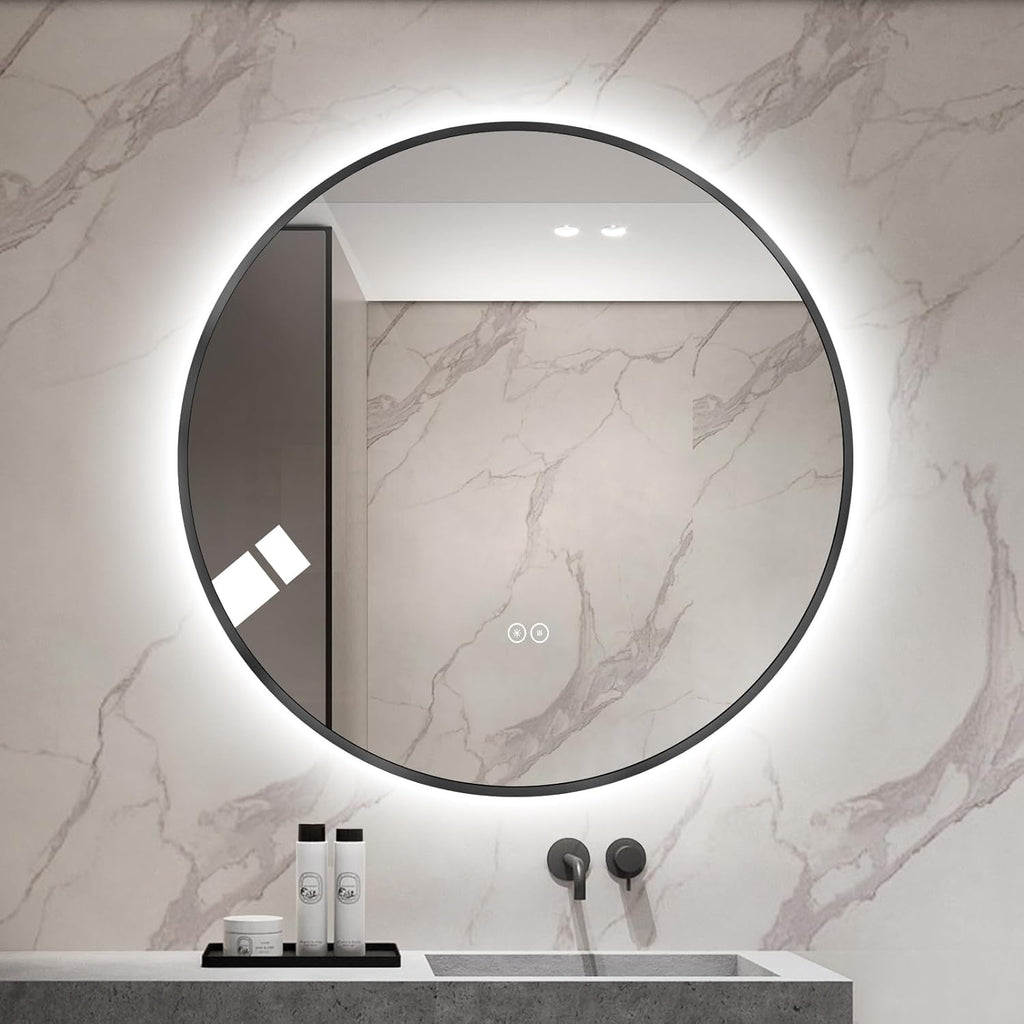 Round LED Bathroom Mirror with Gold Frame, 24V Backlight, 3 Color Temperatures, Dimmable, Memory Function, Defogging (Black Border, 36" L x 36" W)
