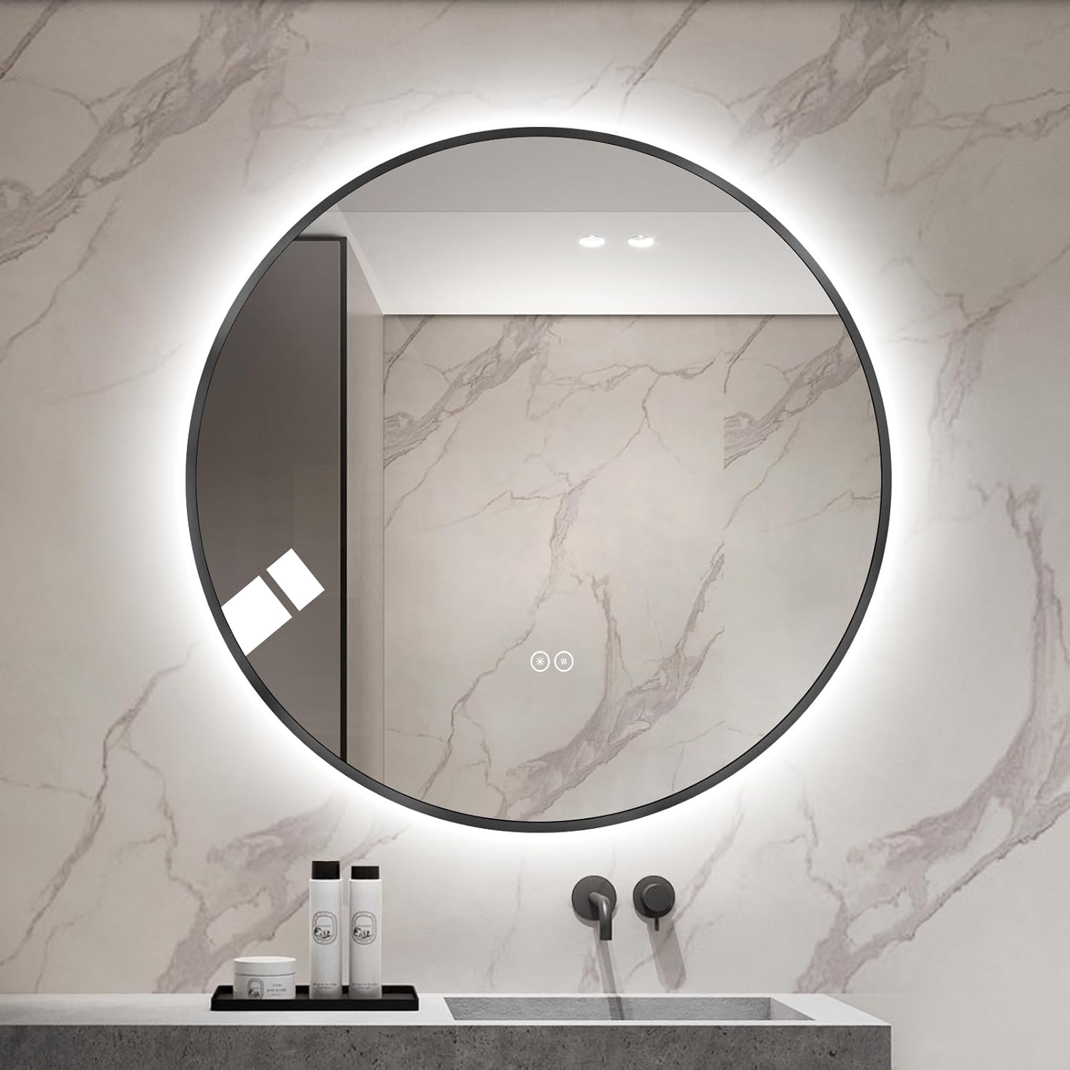 Round LED Bathroom Mirror with Gold Frame, 24V Backlight, 3 Color Temperatures, Dimmable, Memory Function, Defogging (Black Border, 24" L x 24" W)