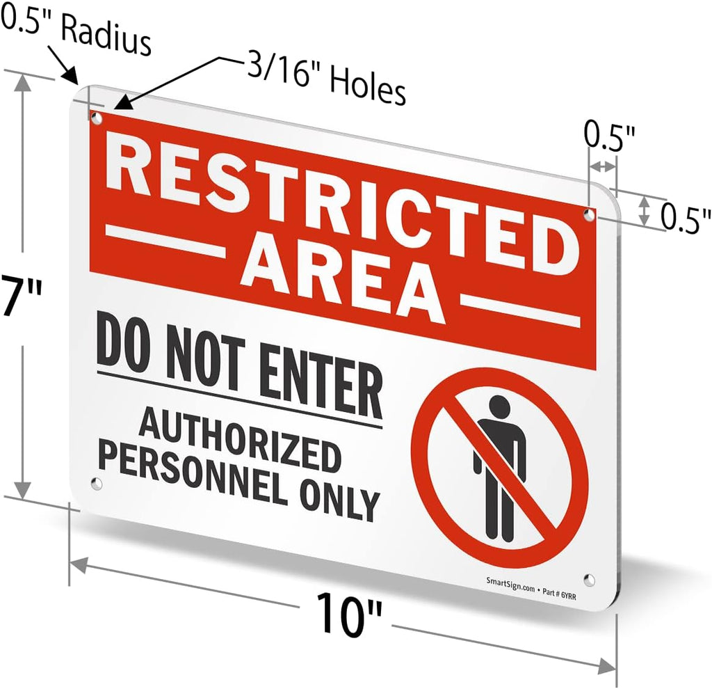 SmartSign 7 x 10 inch “Restricted Area - Do Not Enter, Authorized Personnel Only” Metal Sign with Symbol, 40 mil Laminated Rustproof Aluminum, Red, White and Black, Made in USA